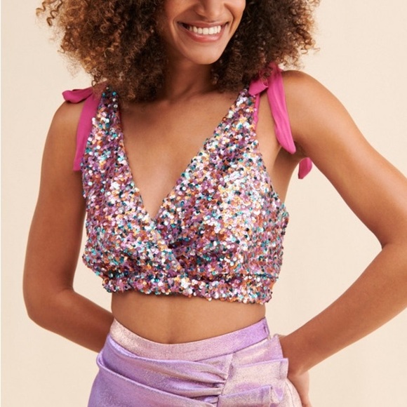 Free People Pink Big Night Sequin Crop Top Size Medium - Picture 2 of 7